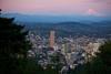 Big Pink and downtown Portland, Oregon with Mount Hood in the distance.
