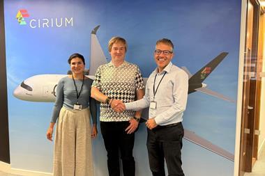 From left to right: Mila Assad, account executive & strategic sales leader, Cirium, Vitaly Smilianets, founder and chief executive, Awery Aviation Software, and Graham Chalmers, sales manager - Airports & Airlines EMEA, Cirium