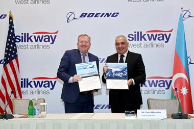 Zaur Akhundov, Silk Way Group, and Stan Deal, Boeing Commercial Airplanes Copyright Silk Way West