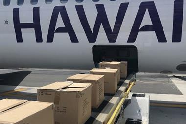 1,600 amenity kits being loaded onto aircraft to be distributed to those displaced by the Maui fires. Photo: Hawaian Airlines