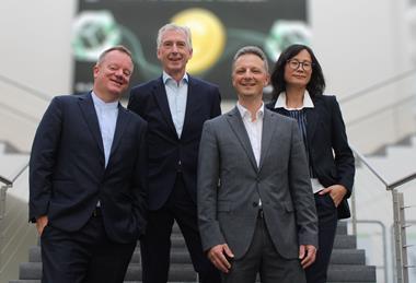 Steven Verhasselt (left), Johan Leunen (second from left), Nathan De Valck, CEO of Ostend-Bruges Airport (third from left) and Rose Yiqian QIU