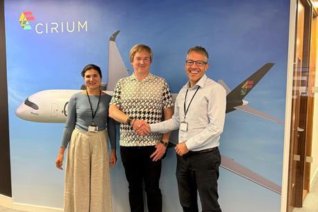 From left to right: Mila Assad, account executive & strategic sales leader, Cirium, Vitaly Smilianets, founder and chief executive, Awery Aviation Software, and Graham Chalmers, sales manager - Airports & Airlines EMEA, Cirium