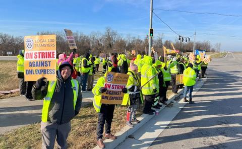 DHL workers on strike at CVG. Photo: International Brotherhood of Teamsters 8/12/2023