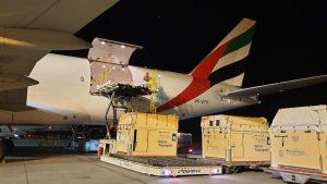 Horse stalls being loaded on the Emirates SkyCargo freighter aircraft 