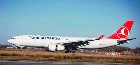 Turkish A330-200F taking off from Liege