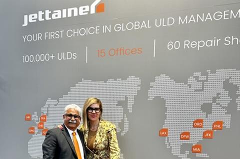 Kothari Shailendar, managing director of Jettainer Americas Inc, with Kirsten De Bruijn, executive vice-president cargo at WestJet, on site at the air cargo Europe exhibition in Munich. Source: Jettainer