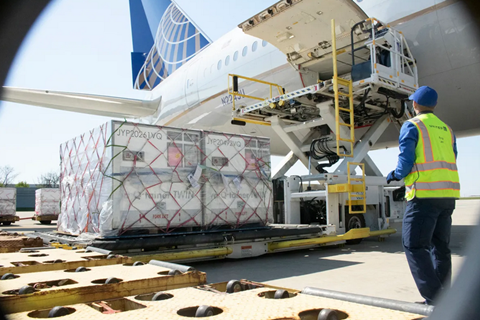 Blood plasma being loaded onto a United Airlines aircraft