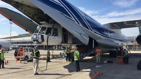 Mi-8 helicopter being loaded on a Volga-Dnepr IL-76