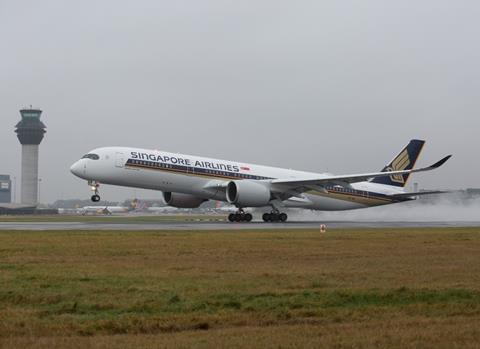 Singapore Airlines A350 takes off for Houston from Manchester Airport low res