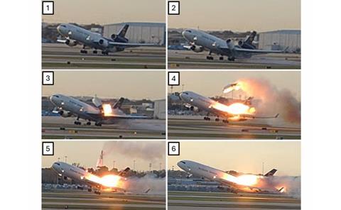 Still images from an airport surveillance video showing the left engine and left pylon separation from the left wing