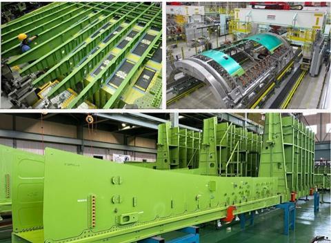 Suppliers are producing major assemblies for the first 777-8F. Clockwise from top left, a wing centre section at Subaru, a fuselage section at Mitsubishi Heavy Industries and a keel beam at Kawasaki Heavy Industries