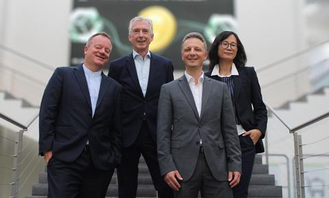 Steven Verhasselt (left), Johan Leunen (second from left), Nathan De Valck, CEO of Ostend-Bruges Airport (third from left) and Rose Yiqian QIU