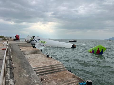 An ACT Boeing 747 freighter has veered off the North runway at Hong Kong International