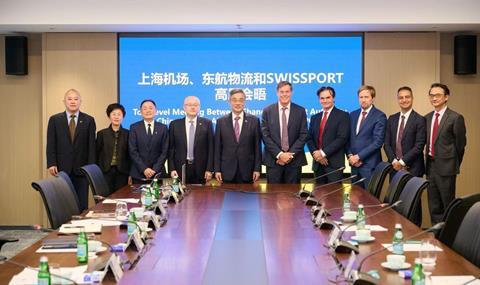At the signing ceremony in Shanghai: Mr. Feng Xin, Chairman of AVINEX; Lvy Yao Dong, Vice President, AVINEX; Tang Ying Chao, Executive Vice President, AVINEX Logistics; Wang Jian Min, General Manager, China Eastern Airline Logistics; Wang Ya Min, Chairman